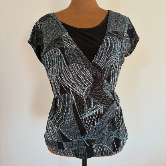 West End Size PS Sequins Cap Sleeve V-Neck FauxWrap Side Ruched Layered-Look Top - Picture 1 of 10